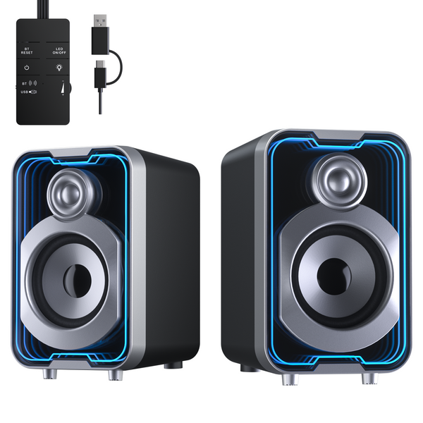 SOULION 2.0 Computer Speakers, 10W USB-Powered Bluetooth Wired PC Speakers with Easy-Control Pod for Desktop, Tiny Desk Soundbar with 5 Mirror-Like LED Light Modes for Monitor Laptop - Black