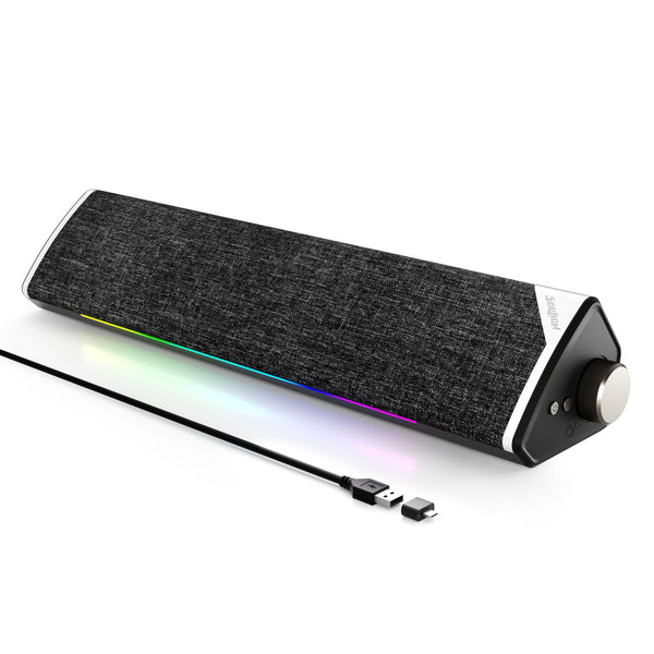 SOULION R60 Bluetooth Computer Speakers, USB Plug-N-Play PC Speakers with LED Dynamic Light, Surround Sound Soundbar Speaker with Rotary Switch for Desktop Laptop (USB-C to USB Adapter Included)